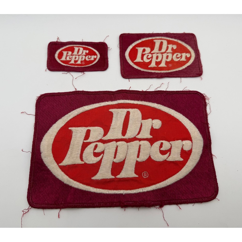 Vintage Dr Pepper Embroidered Patch Set Maroon White Oval Logo 3 Sizes Sew On